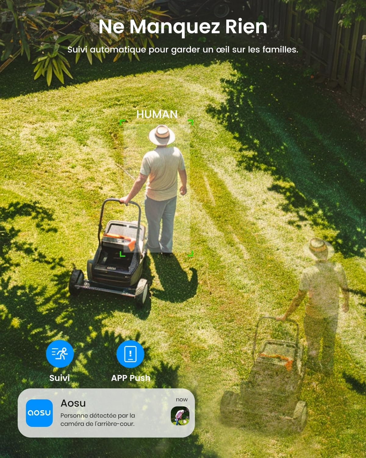 Cámara de vigilancia exterior aosu con panel solar, PTZ, seguimiento automático de personas, visión nocturna 2K, alarma sonora y luminosa, audio bidireccional, compatible con Alexa/Google