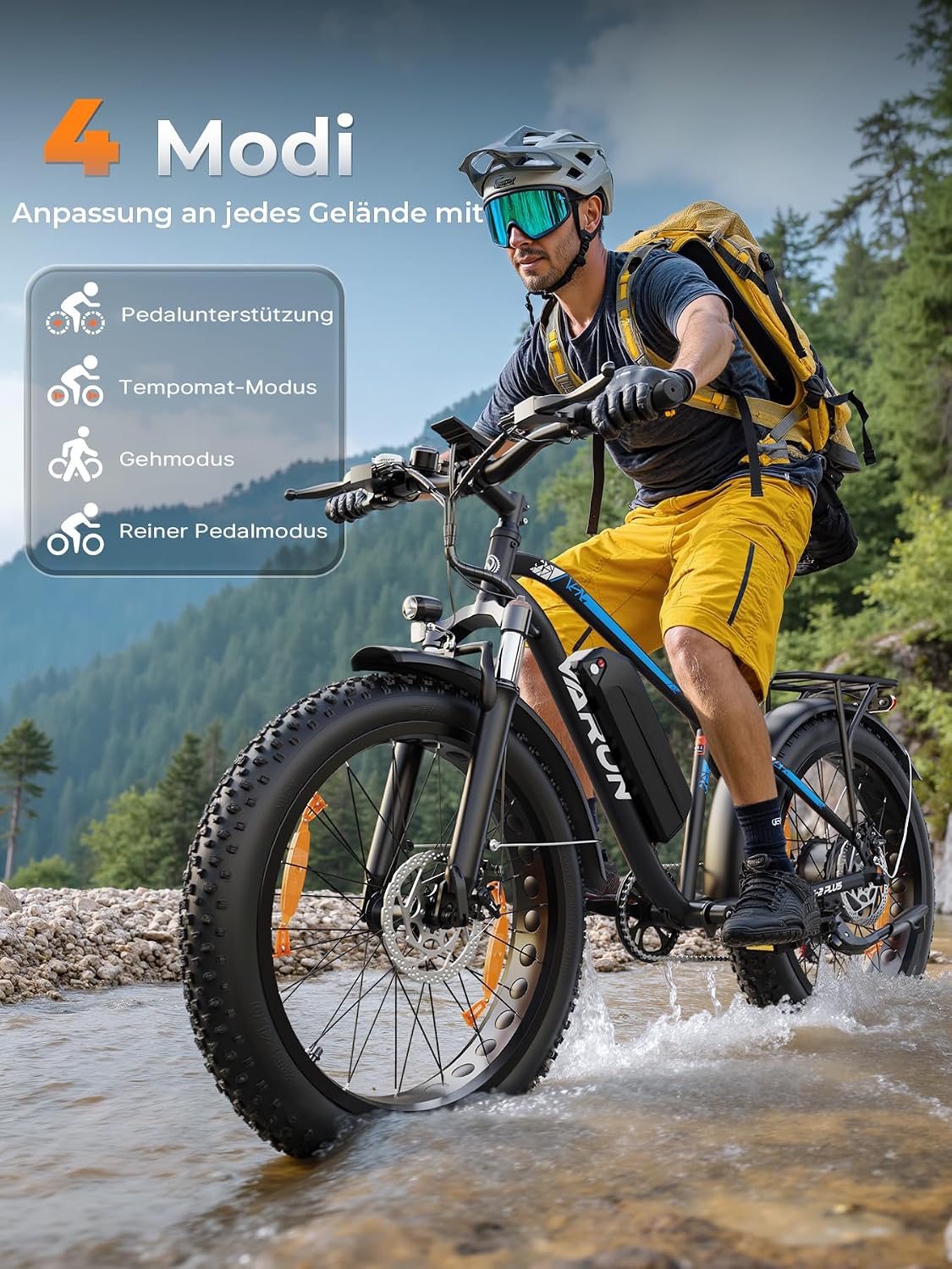 VARUN E Bike, E-Bike Herren mit 26 * 4.0' Fat Tire, 48V 18AH Akku, Bis zu 150 KM, 85Nm 250W Motor, 25KM/H, Offroad Ebike Mountainbike mit 7-Gang, All-Terrain Elektrofahrrad Herren, EU-Konformes