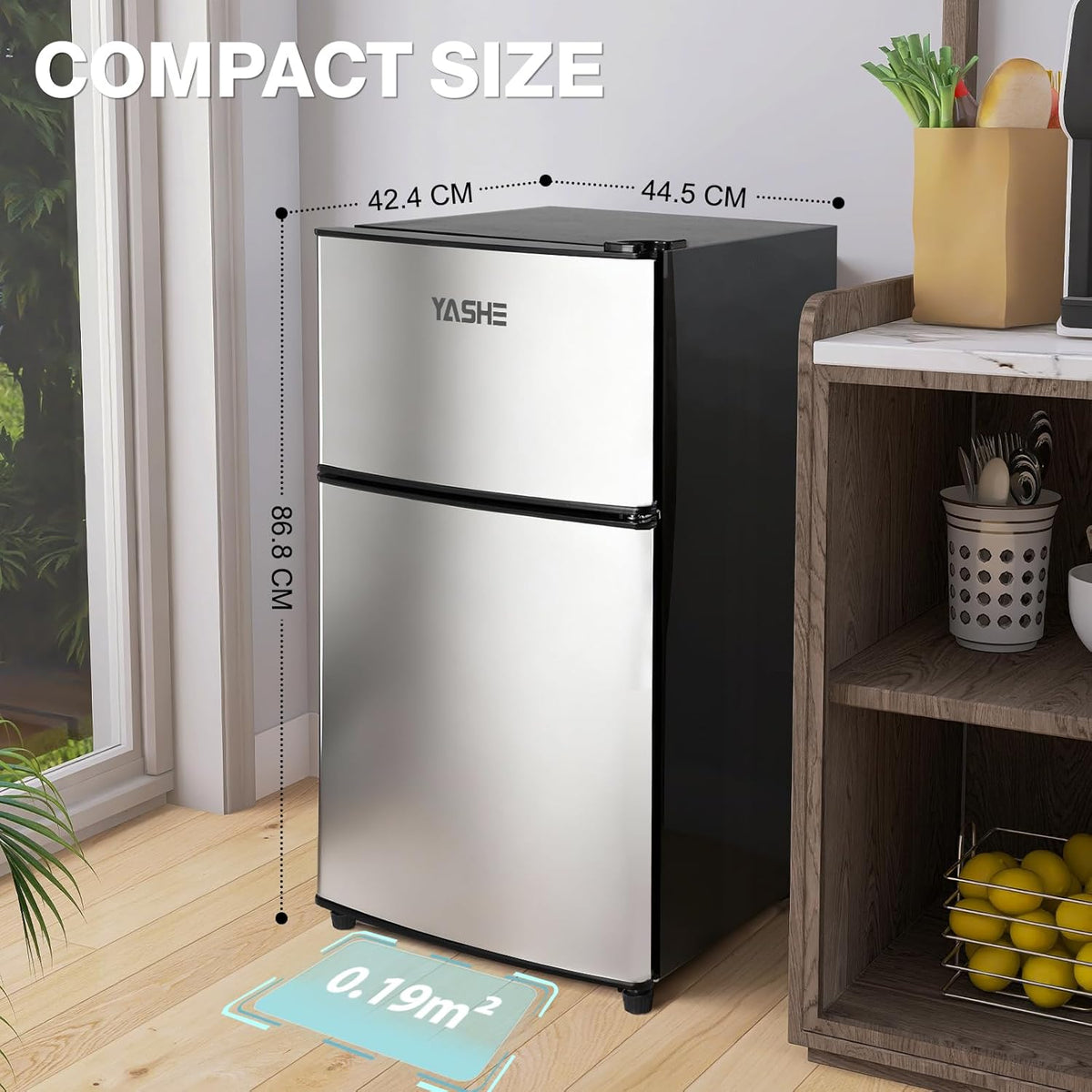 YASHE 86L Mini-refrigerador con congelador, nevera de doble puerta con congelador superior, frigorífico combinado, refrigerador con congelador para habitación, oficina, cocina y dormitorio, negro
