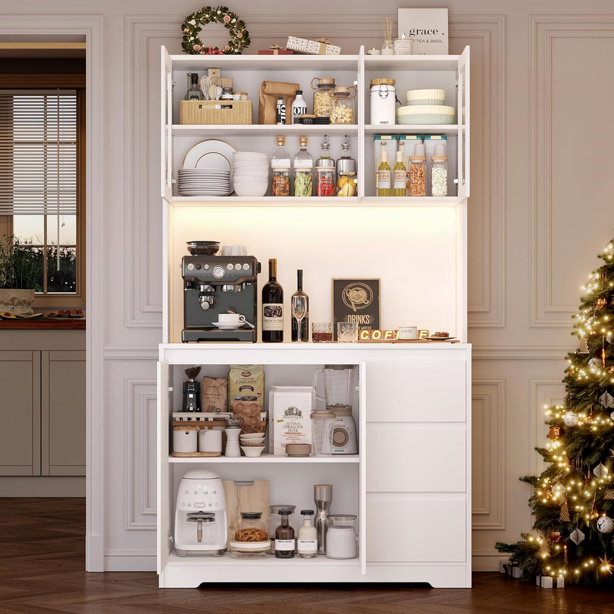 Alacena de cocina FirFurd con LED y regleta, aparador de cocina con encimera y 3 cajones, buffet de cocina con estante ajustable, aparador para cocina, 180x100x38.5 cm, blanco