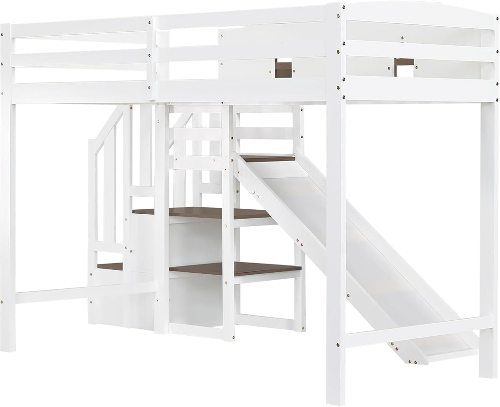 Kinderbett Etagenbett 90x200,Hausbett Hochbett mit Rutsche&Regal&Stauraum Treppe,Bettgestell mit Rausfallschutz&Lattenrost, Funktionsbett Stockbett Spielbett Jugendbett,Kiefernholz,Ohne Matratze,Weiß