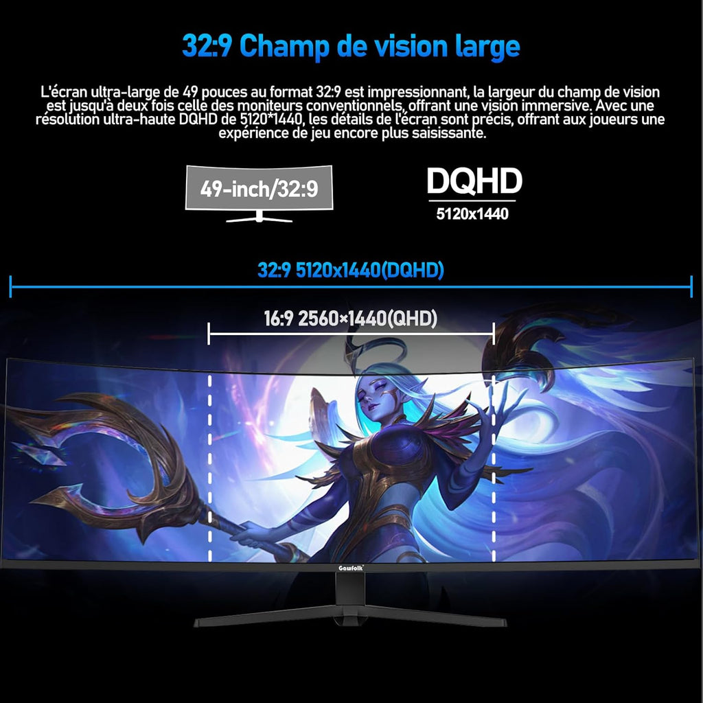 Monitor de juegos Gawfolk de 49 pulgadas, curvo ultra ancho 1500R, DQHD (5120×1440), 165Hz, 1MS, FreeSync, 120% sRGB, monitor ajustable en altura, HDMI2.1, DP1.4, VESA 75 * 75 mm - Negro