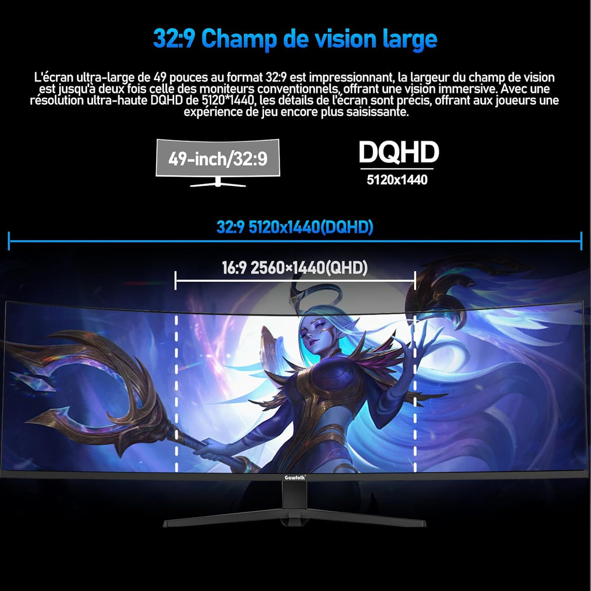 Monitor de juegos Gawfolk de 49 pulgadas, curvo ultra ancho 1500R, DQHD (5120×1440), 165Hz, 1MS, FreeSync, 120% sRGB, monitor ajustable en altura, HDMI2.1, DP1.4, VESA 75 * 75 mm - Negro
