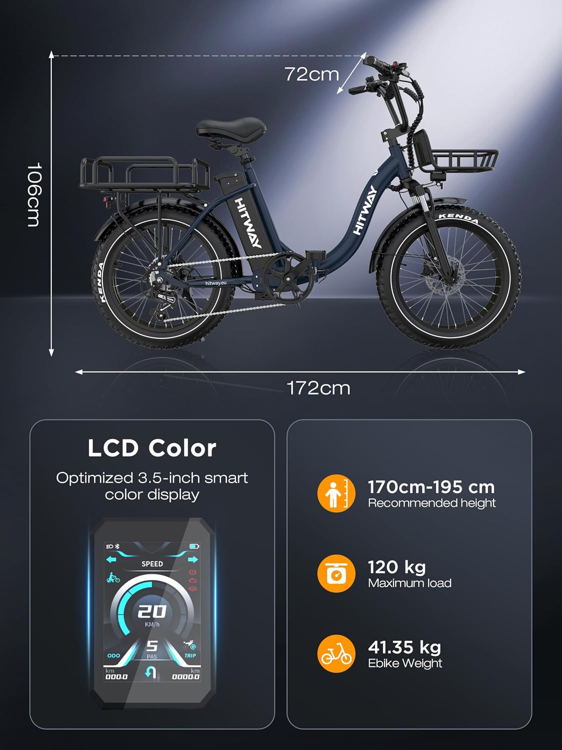 Bicicleta eléctrica HITWAY BK6S Plus con batería de 48V 27Ah y autonomía de 110-150 km, bicicleta eléctrica urbana de 20 pulgadas con neumáticos anchos y doble cesta portaequipajes, motor de 250W, 25 km/h, cambio de 7 velocidades