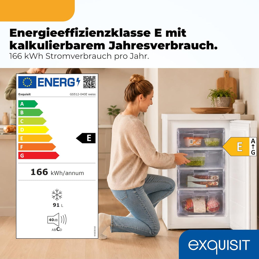 Congelador Exquisit | 91 l de capacidad útil, clase de eficiencia energética E, 40 dB(A) | diseño compacto, congelación de 4 estrellas, control manual de temperatura, puerta reversible | GS512-040E blanco