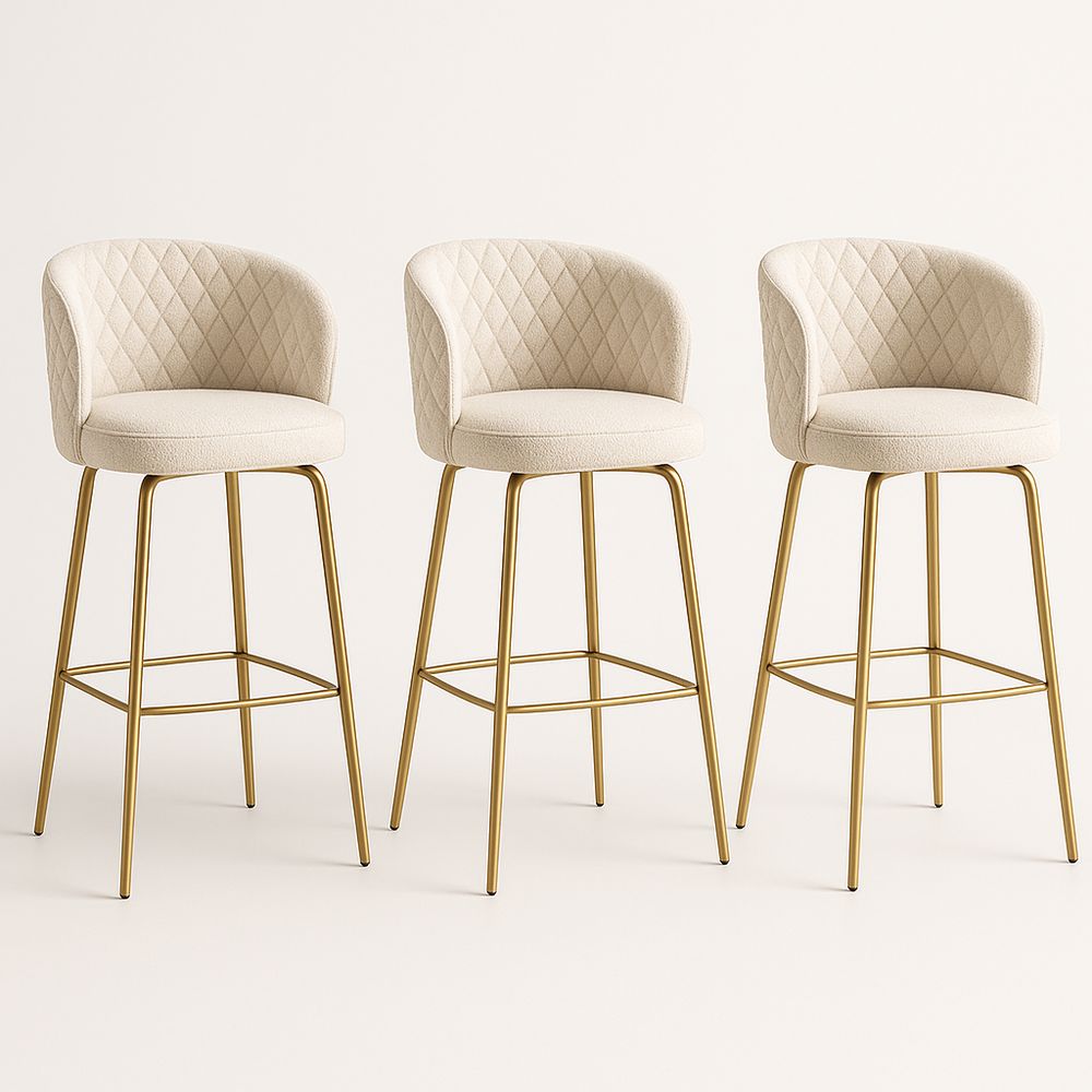 Set de 3 taburetes de bar de tela beige y metal dorado