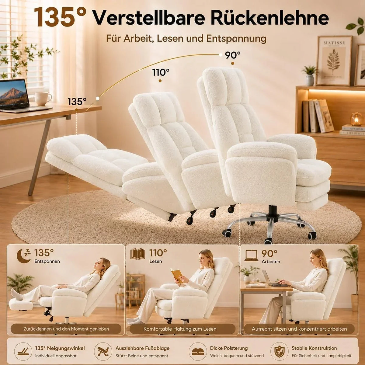 Silla de oficina con reposapiés modelo BGY01, silla giratoria de tela de peluche, respaldo ajustable a 135°, asiento extra ancho para oficina en casa