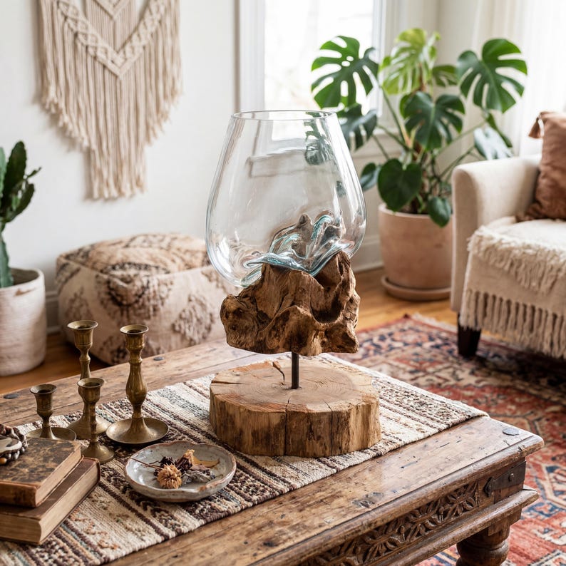 Jarrón de vidrio soplado a mano sobre soporte de madera, centro de mesa de madera flotante, decoración del hogar estilo boho
