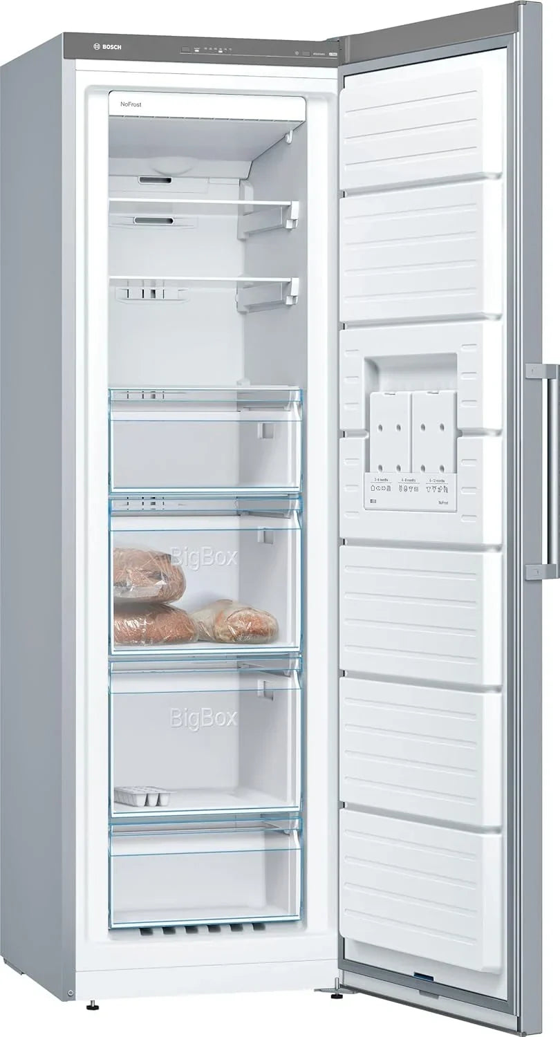 Bosch - Congelador vertical NoFrost, Serie 4, 186 cm de alto x 60 cm de ancho, 242 L, cajones BigBox para alimentos grandes, sistema MultiAirflow, acero, GSN29VIEP