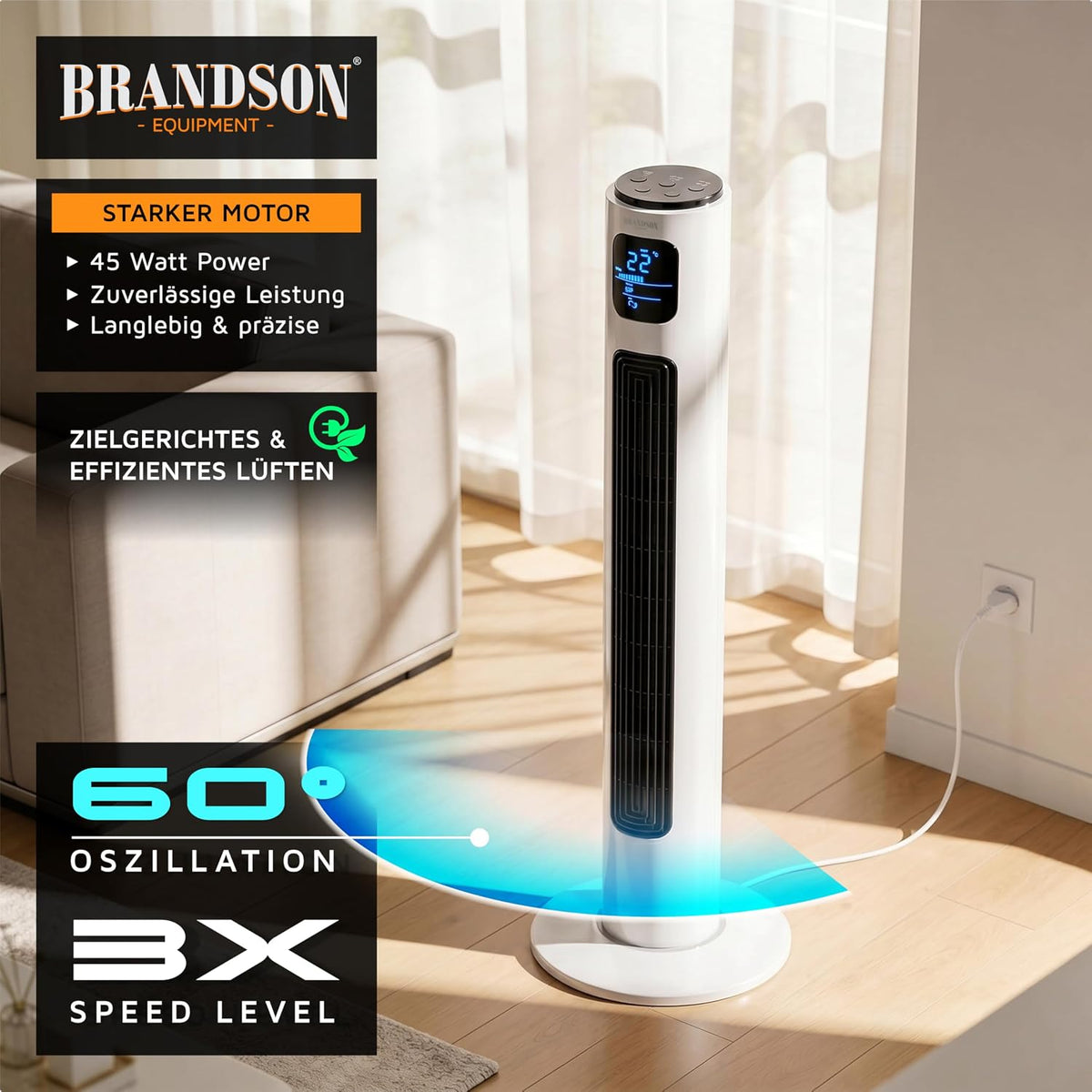 Brandson - Ventilador de torre con mando a distancia 96 cm - Galardonado 2026 - ventilador portátil silencioso - ventilador de pie con oscilación - 3 velocidades 3 modos - temporizador - ventilador - GS - blanco perla