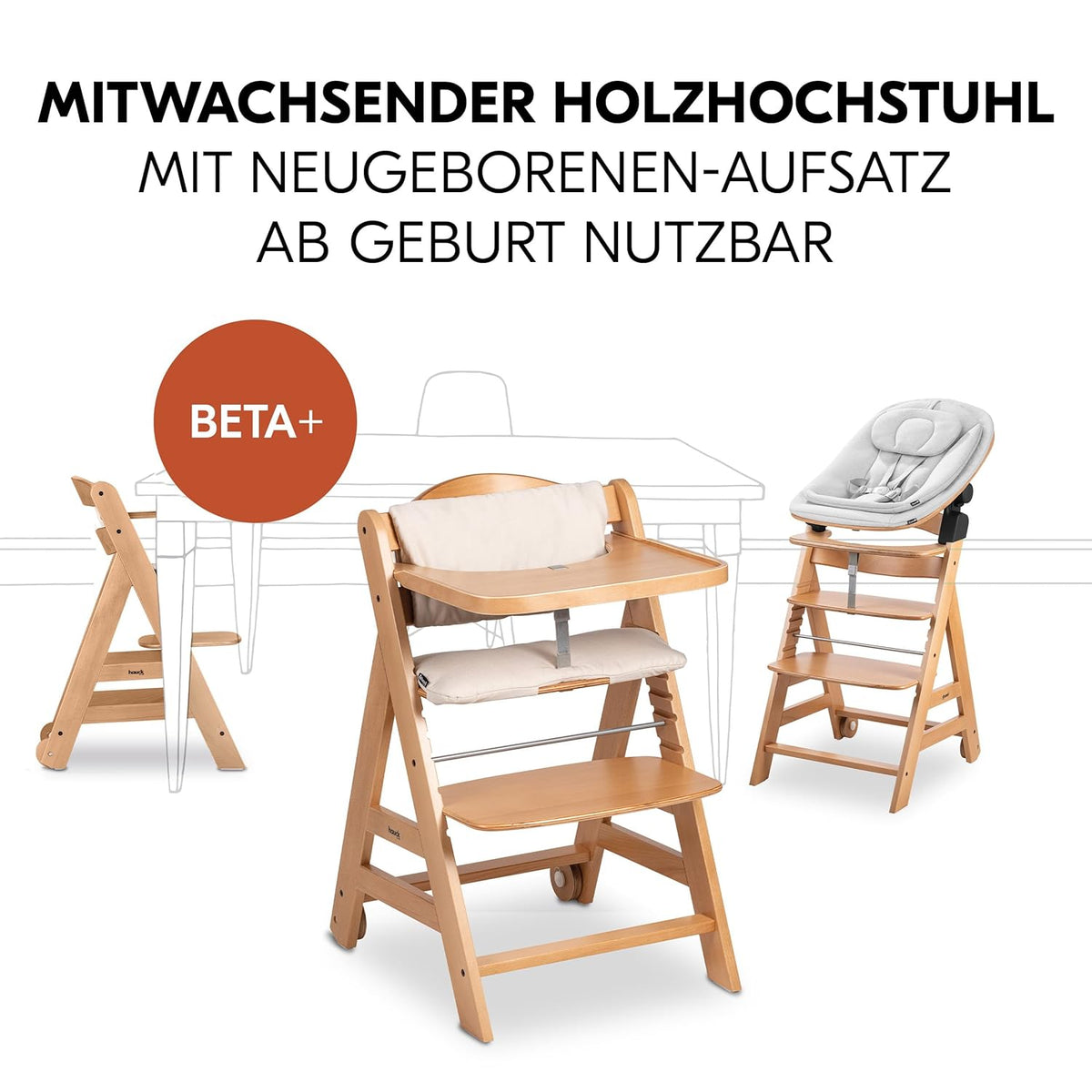 Hauck Trona Beta+ Newborn Set Eco Bouncer - Trona de madera evolutiva para bebés desde el nacimiento, incluye accesorio para recién nacidos, cojín de asiento y bandeja - Gris oscuro