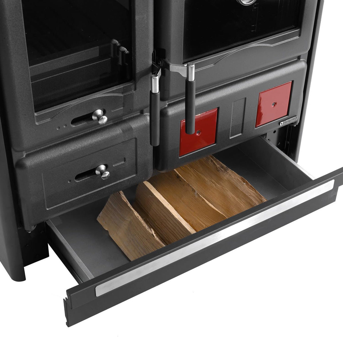 Cocina de leña La Nordica Rosa L 16, acero antracita negro, 9,5 kW, horno con ventana de visualización, placa de cocción de hierro fundido