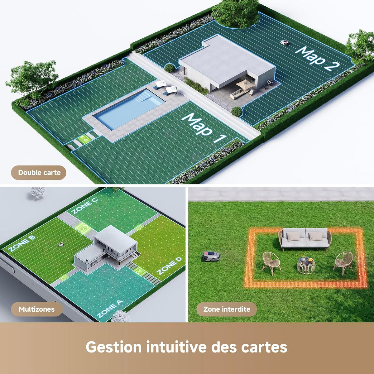 Robot cortacésped inalámbrico DREAME A1 Pro, LiDAR 3D de 360°, recomendado para 2000 m², control por aplicación, gestión intuitiva de zonas, evitación inteligente de obstáculos