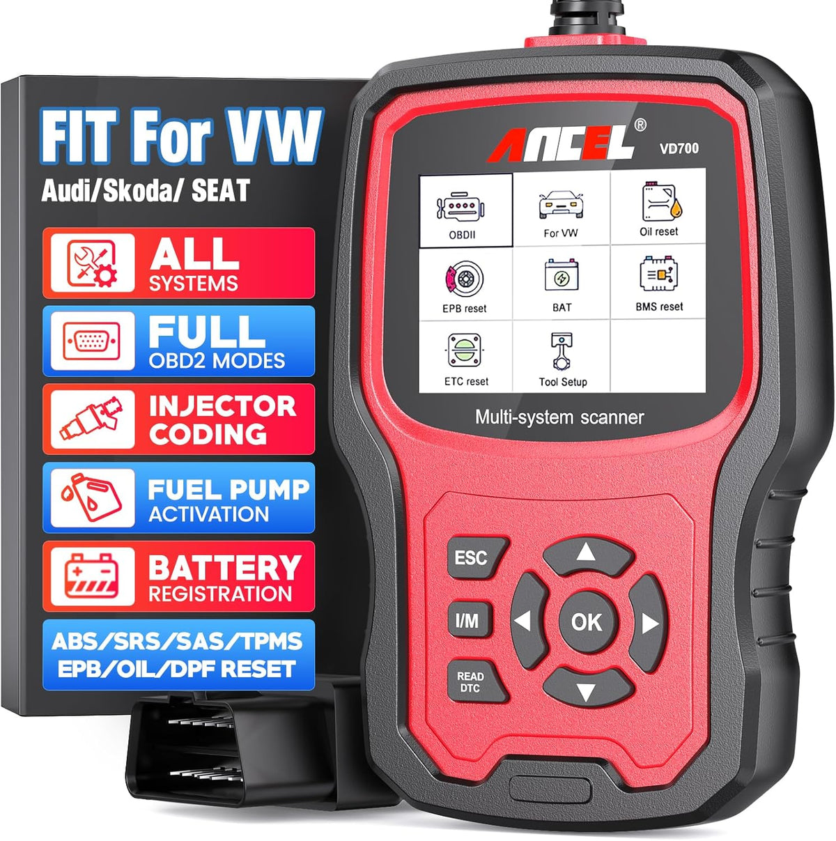 ANCEL VD700Pro Lector de códigos OBD2 de diagnóstico de todos los sistemas para vehículos VAG Volkswagen Audi Seat Skoda Escáner OBD Restablecimiento de aceite TPMS EPB TPS Codificación de inyectores SAS Regeneración DPF