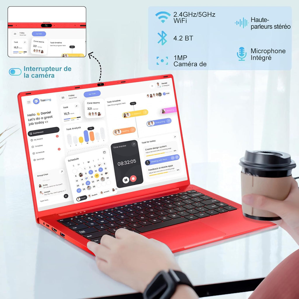 Ordenador portátil de 14 pulgadas Celeron N5095 hasta 2,9 GHz, PC portátil Win11, 8 GB de RAM, SSD de 256 GB, ampliación a 1 TB, portátil con ratón inalámbrico, teclado QWERTY con membrana de teclado AZERTY - Rojo metalizado-1