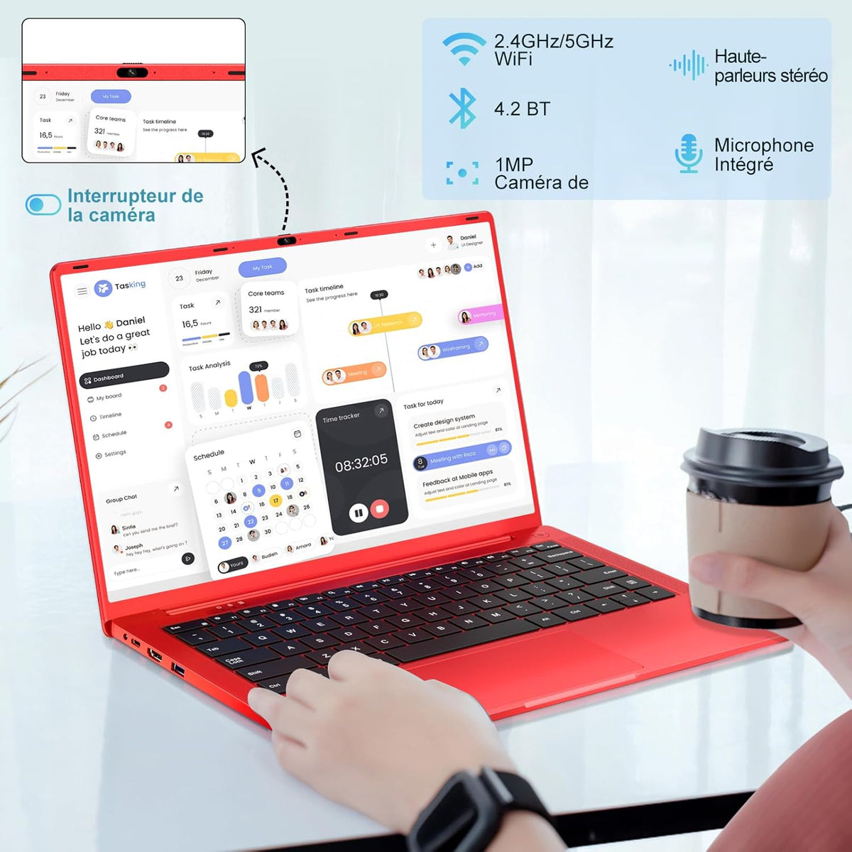 Ordenador portátil de 14 pulgadas Celeron N5095 hasta 2,9 GHz, PC portátil Win11, 8 GB de RAM, SSD de 256 GB, ampliación a 1 TB, portátil con ratón inalámbrico, teclado QWERTY con membrana de teclado AZERTY - Rojo metalizado-1