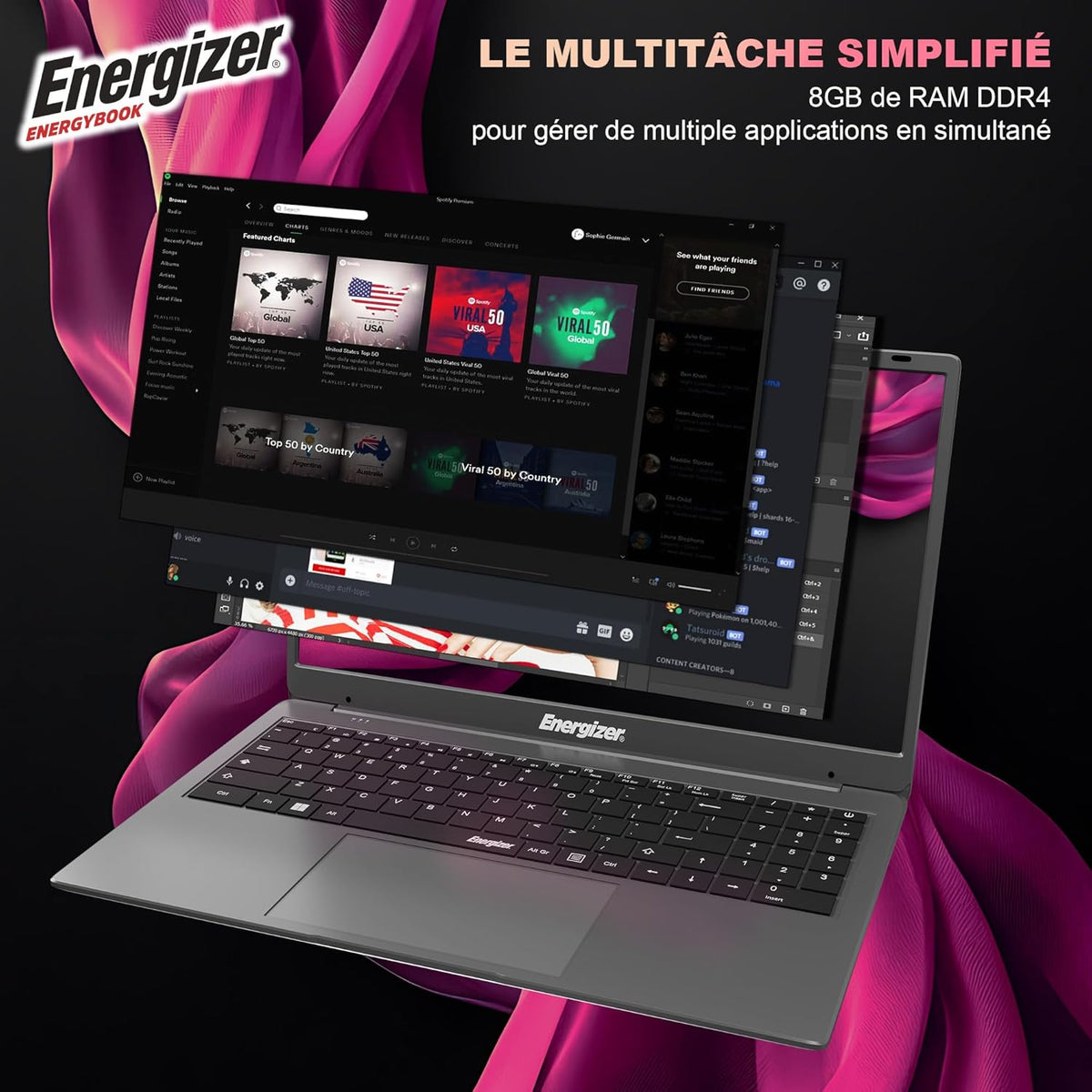 Energizer EnergyBook - Ordenador portátil 15,6'' HD+, 8 GB de RAM, SSD 256 GB, PC portátil Intel Celeron, UHD Graphics, Windows 11, portátil gris, teclado AZERTY (francés), USB 3.0, HDMI
