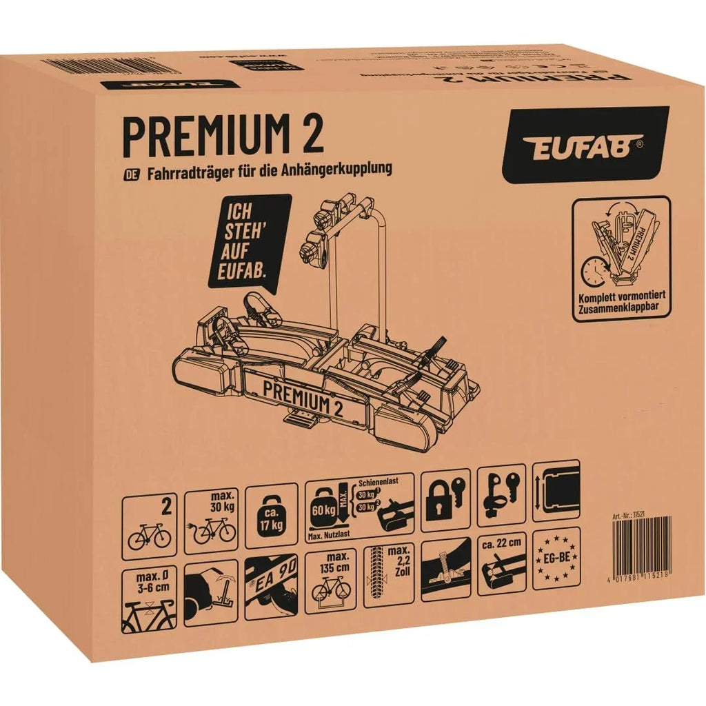 Portabicicletas EUFAB Premium 2 para 2 bicicletas 11521, apto para bicicletas eléctricas, premontado, antirrobo, para enganche de remolque, negro y plateado