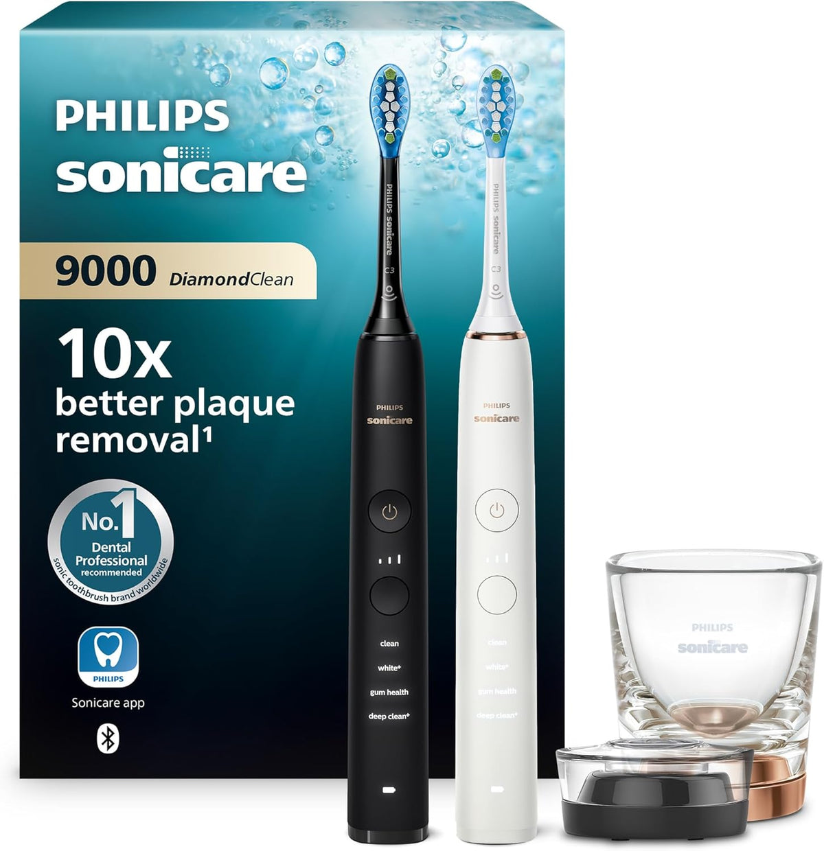 Cepillo de dientes eléctrico Sonicare DiamondClean 9000, cepillo sónico con aplicación, sensor de presión, 4 modos de limpieza, 3 niveles de intensidad, vaso de carga, negro y oro rosa, paquete de dos, modelo HX9914/57