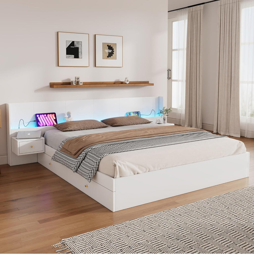Cama de matrimonio 180x200 con espacio de almacenamiento, 2 cajones, cabecero LED extra ancho con 2 mesitas de noche y puerto USB, cama de madera con almacenaje, estructura de cama con somier, cama juvenil, sin colchón, blanco