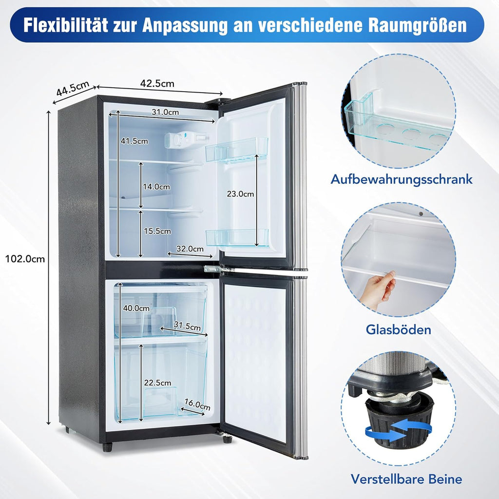 Frigorífico con congelador Merax de 106 l, combinación de frigorífico y congelador con nevera de 60 l, congelador de 46 l, 7 ajustes de temperatura, iluminación LED, estantes ajustables, funcionamiento silencioso de 45 dB, gris plateado