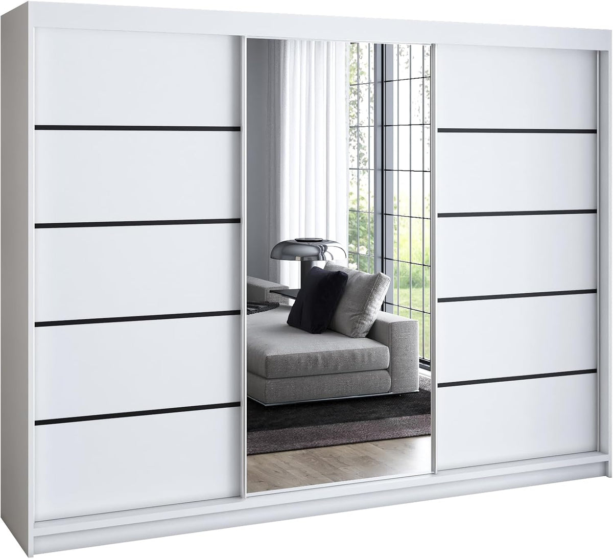 A&J MöbelLand Armario de puertas correderas VILUNO 2, armario de 3 puertas de 200 cm con espejo, 4 cajones y 2 barras para colgar ropa, armario espacioso para dormitorio (blanco)
