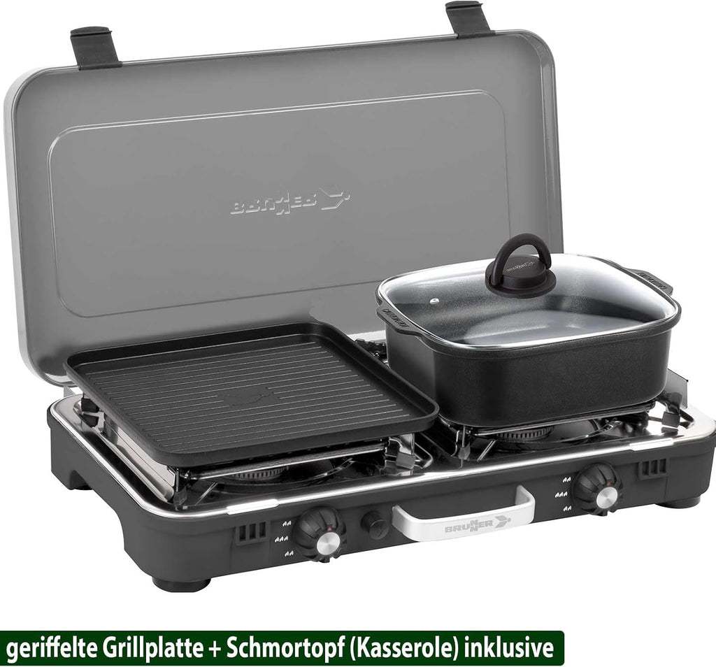 BRUNNER: Hornillo de camping de mesa 2 en 1 de 2 fuegos de acero inoxidable, parrilla de gas y hornillo de gas - POWERKOOK 50mbar con 1 cacerola + 1 plancha para asar, con regulador de gas y manguera de  gas