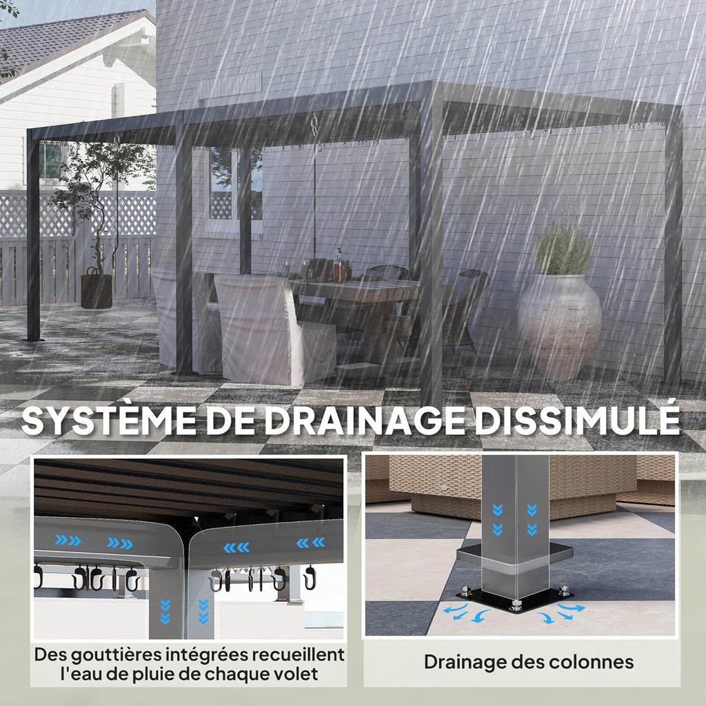 Pérgola bioclimática Outsunny 3 x 6 m, pérgola de jardín exterior con lamas orientables, techo ajustable con manivela de aluminio y ganchos, cenador de jardín, terraza, patio, gris oscuro