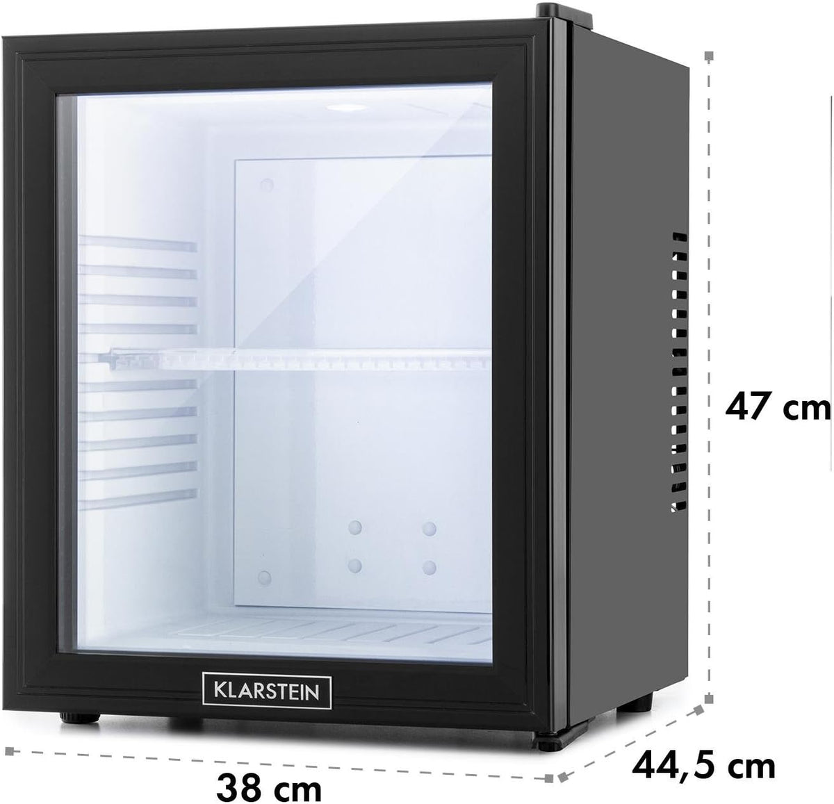 Minibar Klarstein MKS-13, mininevera, refrigerador de bebidas con estante (36 litros, silencioso, fácil de limpiar), negro y plateado