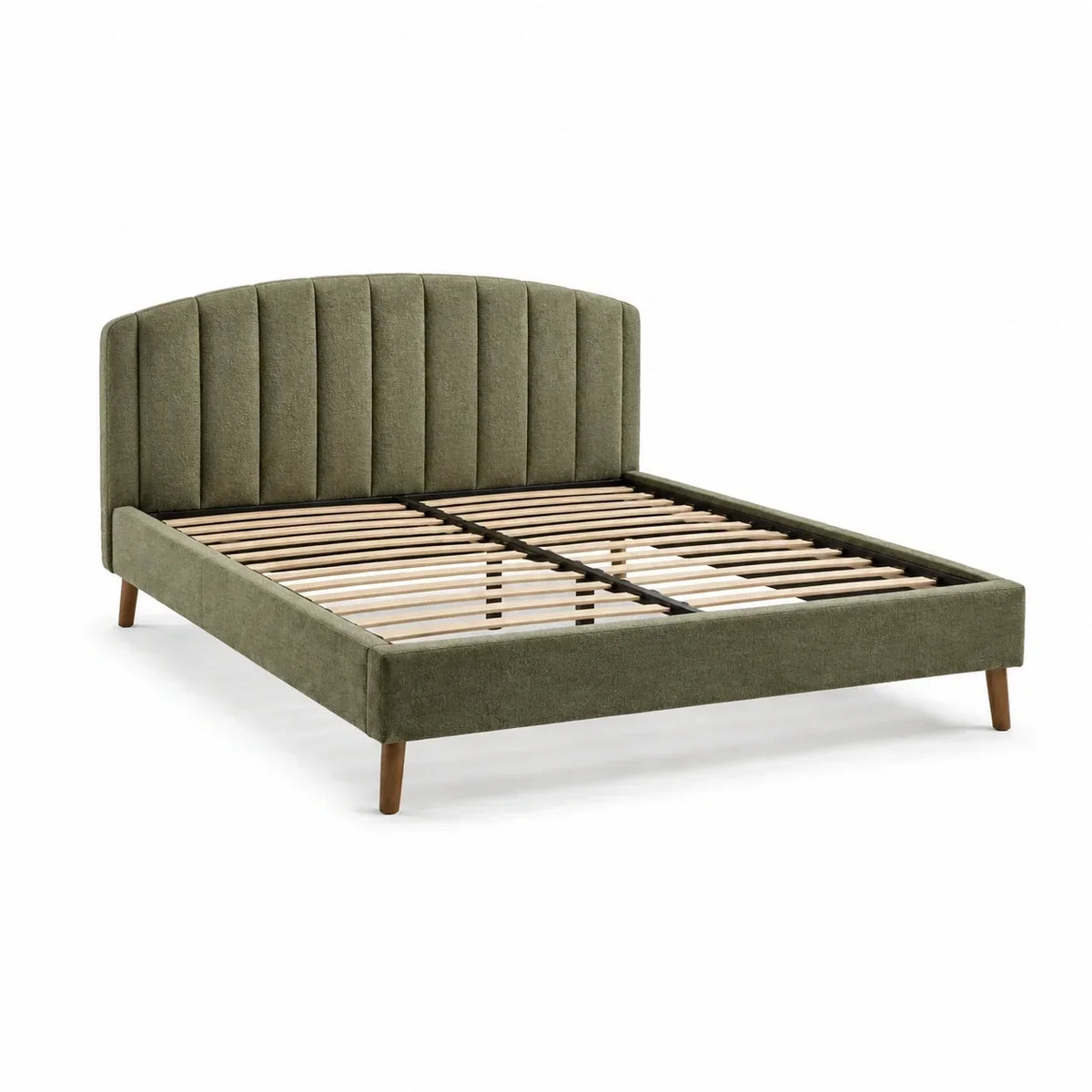 Cama tapizada moderna de 160 × 200 cm en verde oliva, dimensiones totales 215 × 171 × 110 cm, con somier de láminas de madera