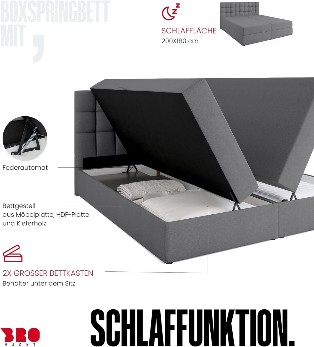 Cama boxspring BROMARKT con arcón, cama tapizada con colchón Bonell y topper, cama para dormitorio, cabecero acolchado, modelo Dakota, muelles Bonell, 180x200, grado de firmeza H3, gris Malmo