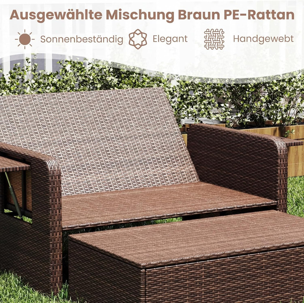 COSTWAY Tumbona de poliratán 3 en 1, tumbona de jardín con respaldo ajustable y bandejas laterales, cama lounge, tumbona doble con cojines, sofá de jardín con función de reclinado, taburete y espacio de almacenamiento (Beige)