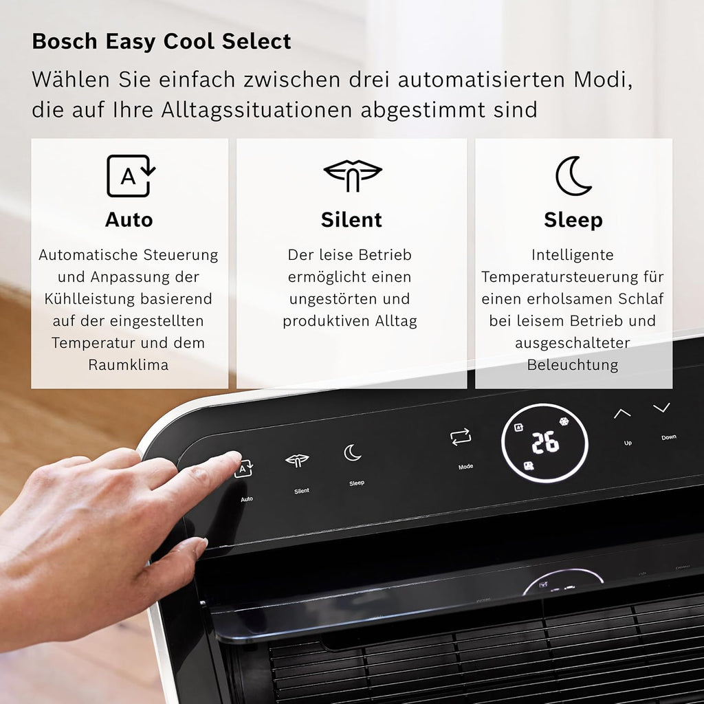 Acondicionador de aire móvil Bosch Cool 4000 - 3 en 1: aire acondicionado, deshumidificador, ventilador - 2,6 kW para habitaciones de hasta 35 m² - Con modo automático, modo silencioso y modo de suspensión