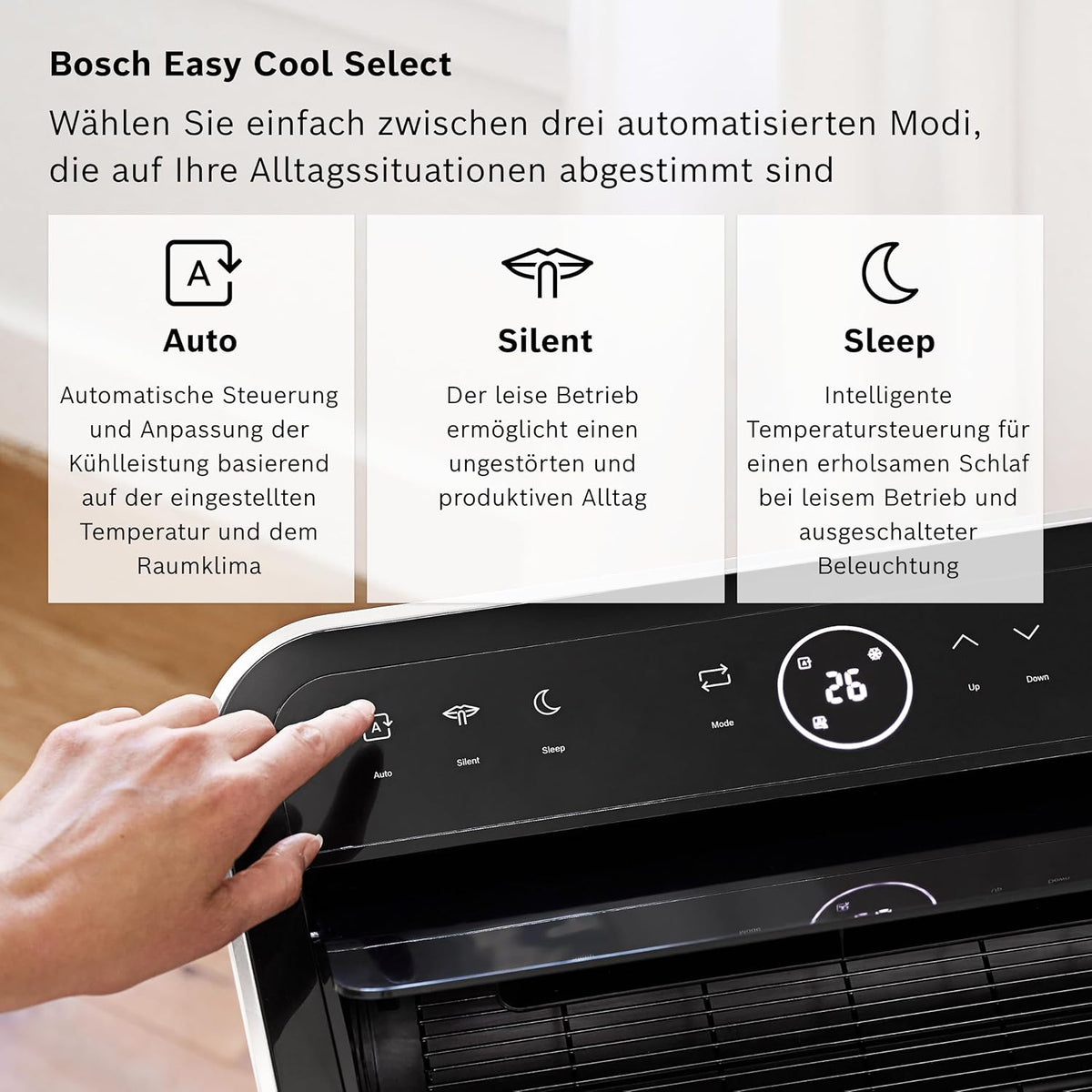 Acondicionador de aire móvil Bosch Cool 4000 - 3 en 1: aire acondicionado, deshumidificador, ventilador - 2,6 kW para habitaciones de hasta 35 m² - Con modo automático, modo silencioso y modo de suspensión
