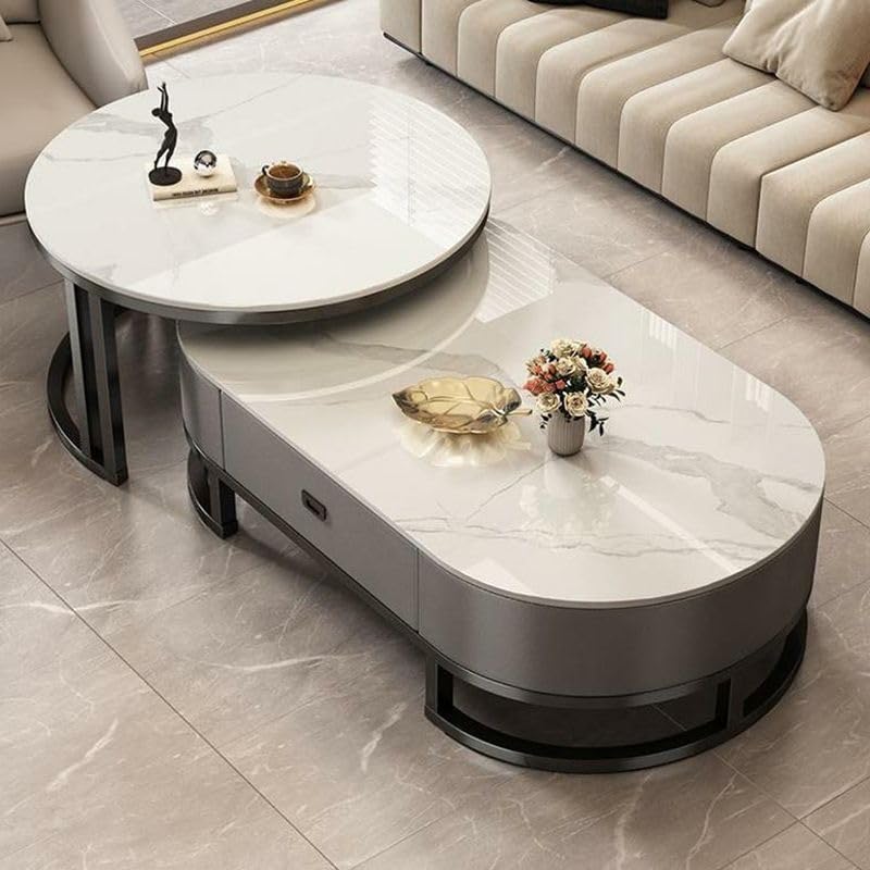 Mesa de centro ovalada de piedra, juego de 2, mesa de salón con cajón, mesa auxiliar de cristal, negro/gris – Gris, (99,9 cm L x 49,9 cm An x 40,6 cm Al) + (69,9 cm L x 69,9 cm An x 45,7 cm Al)