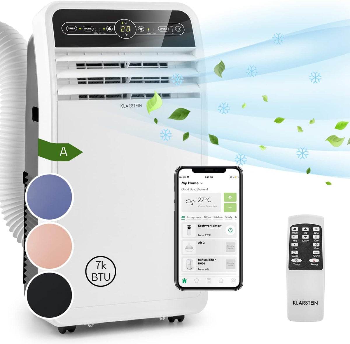 Aire acondicionado portátil Klarstein con manguera de escape, unidad 4 en 1 con ventilador, deshumidificador y modo nocturno, aire acondicionado pequeño y portátil para el hogar y la oficina, bajo consumo, 9000 BTU