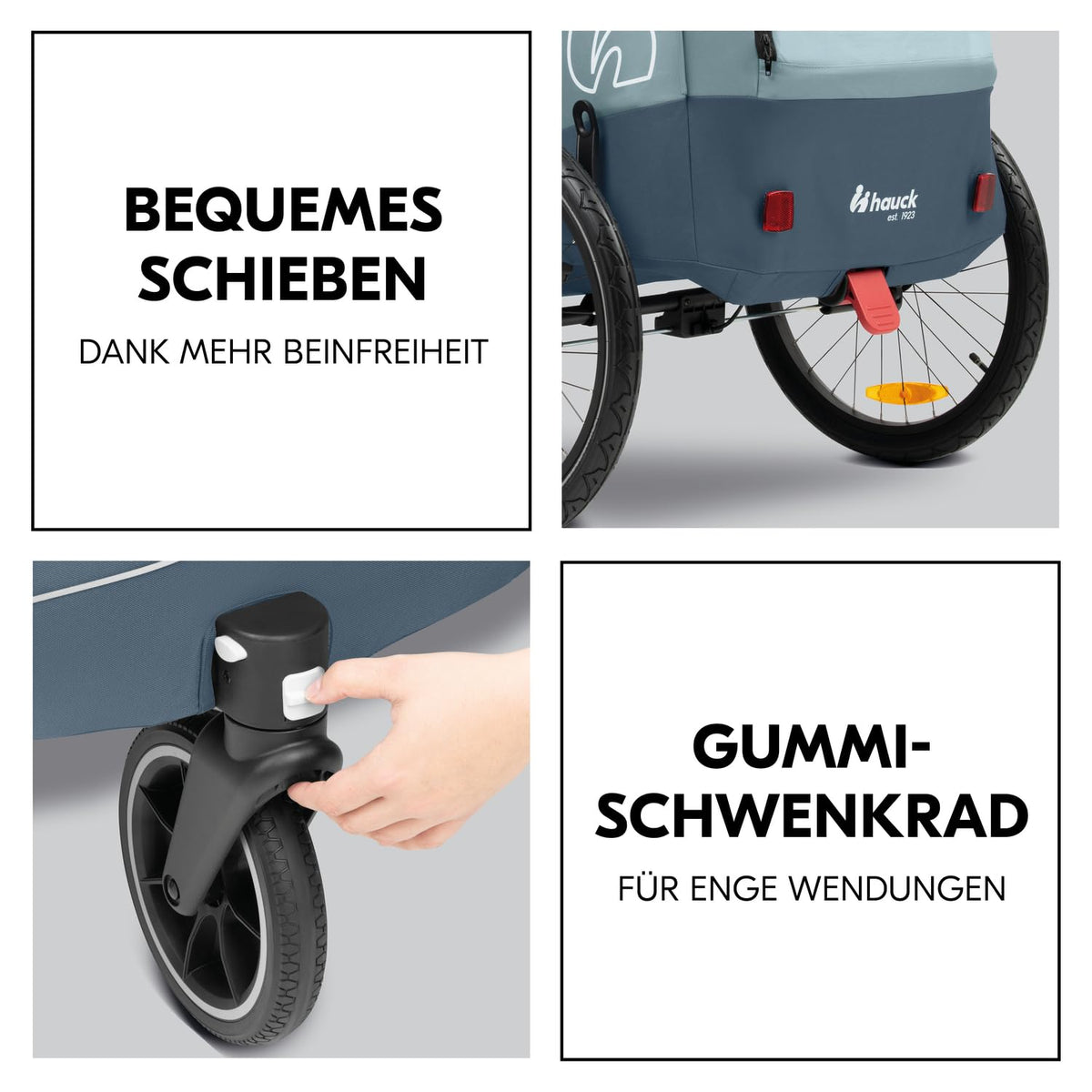 hauck Remolque de bicicleta y cochecito Dryk Duo Plus con suspensión, para 2 niños (6-48 meses), incluye barra de tiro, rueda de cochecito, bandera y luz LED, plegable, altura ajustable, maletero XL (verde oscuro)