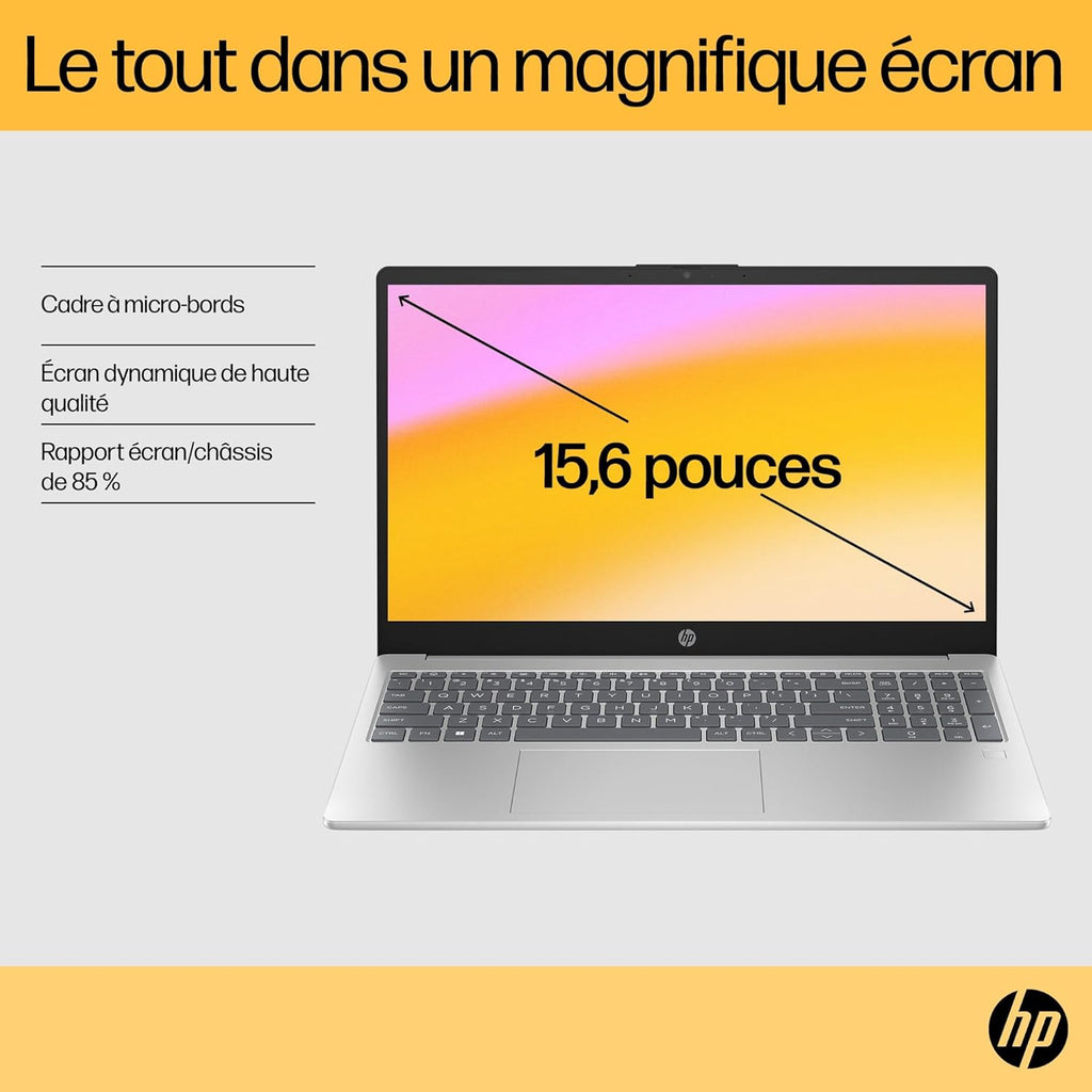 Ordenador portátil HP 15-fc0006sf de 15,6" FHD (AMD Ryzen 5 7520U, 8 GB de RAM, SSD de 256 GB, gráficos AMD Radeon, Windows 11), portátil plateado, teclado AZERTY
