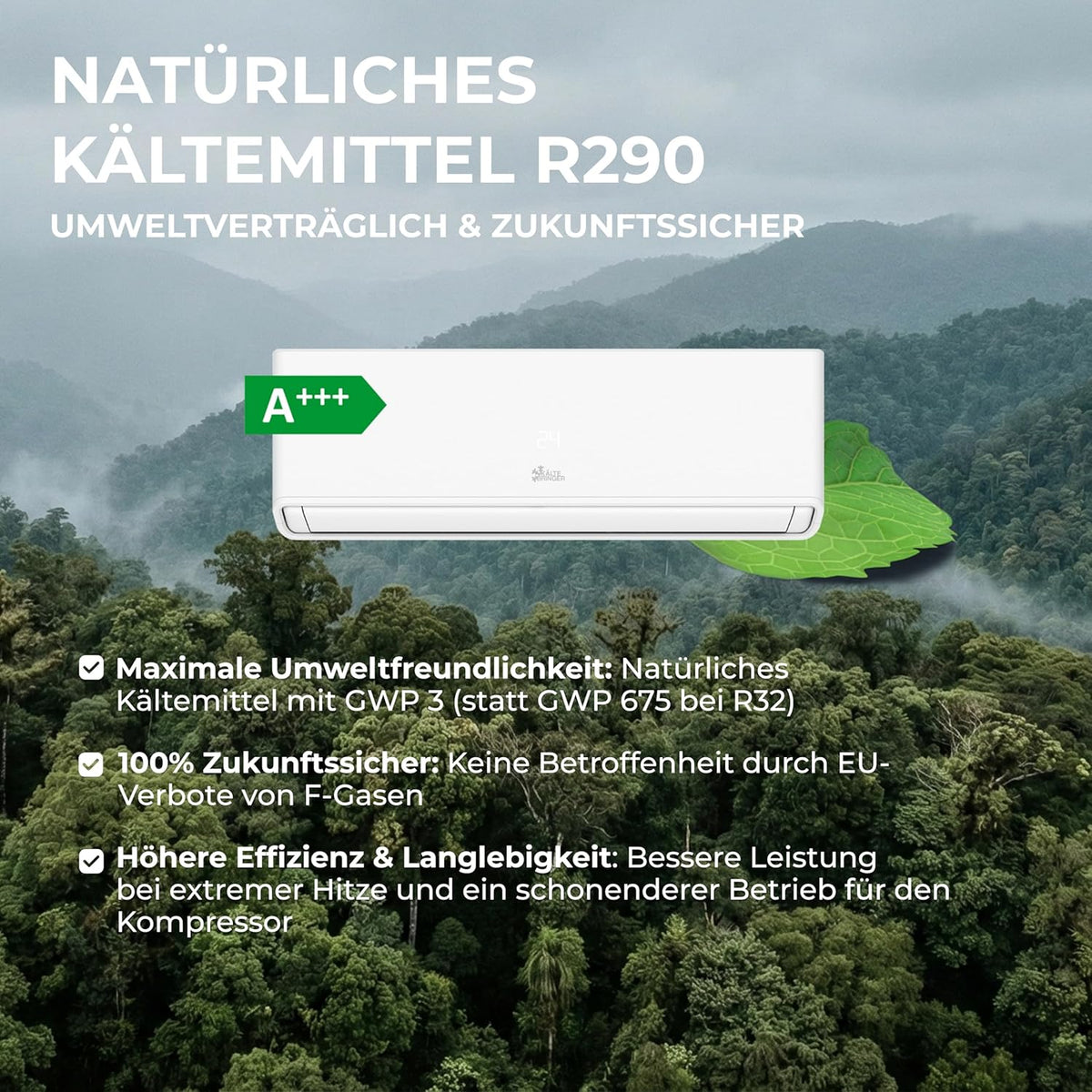 Aire acondicionado split Kältebringer A+++ R290 12000 BTU (3,7 kW) - con función de calefacción, WiFi y App, hasta 60 m², muy silencioso, tubería de cobre de 5 m, refrigerante R290, material de montaje, soporte de pared