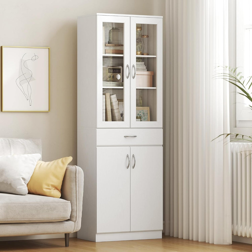 HOMCOM Alacena de cocina mueble buffet con estante ajustable, cajón, 2 armarios, armario alto con puerta de cristal y función de cierre suave para cocina, comedor, salón, 60 x 35 x 180 cm, blanco
