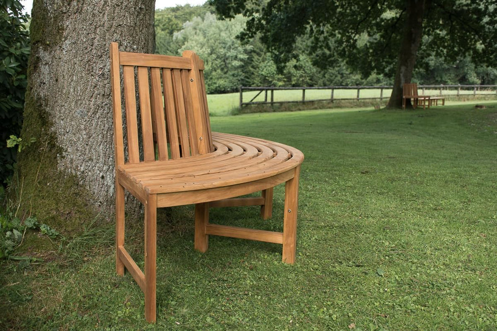 Banco de árbol semicircular Male de CLP de madera de teca maciza I Banco de jardín con capacidad para hasta cuatro personas I Banco de madera natural con respaldo, color: marrón