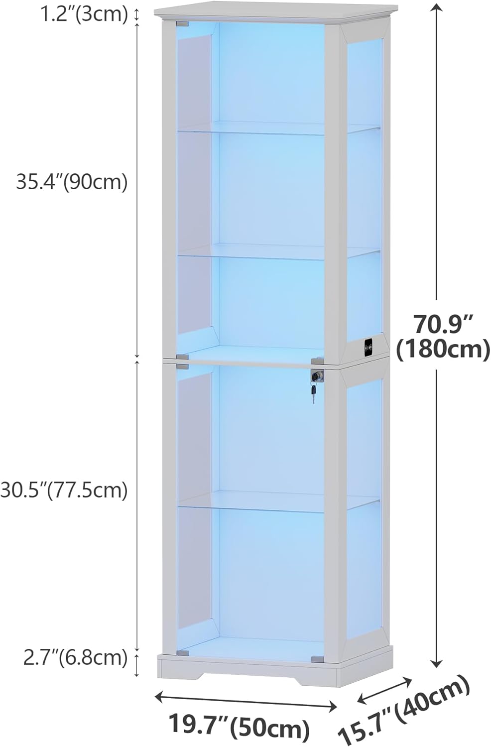 Vitrina de cristal Lvifur con iluminación LED y puertas de cristal para salón y dormitorio, 40×50×180 cm, armario vitrina de 5 niveles con sensor inteligente para objetos de colección, vino, blanco