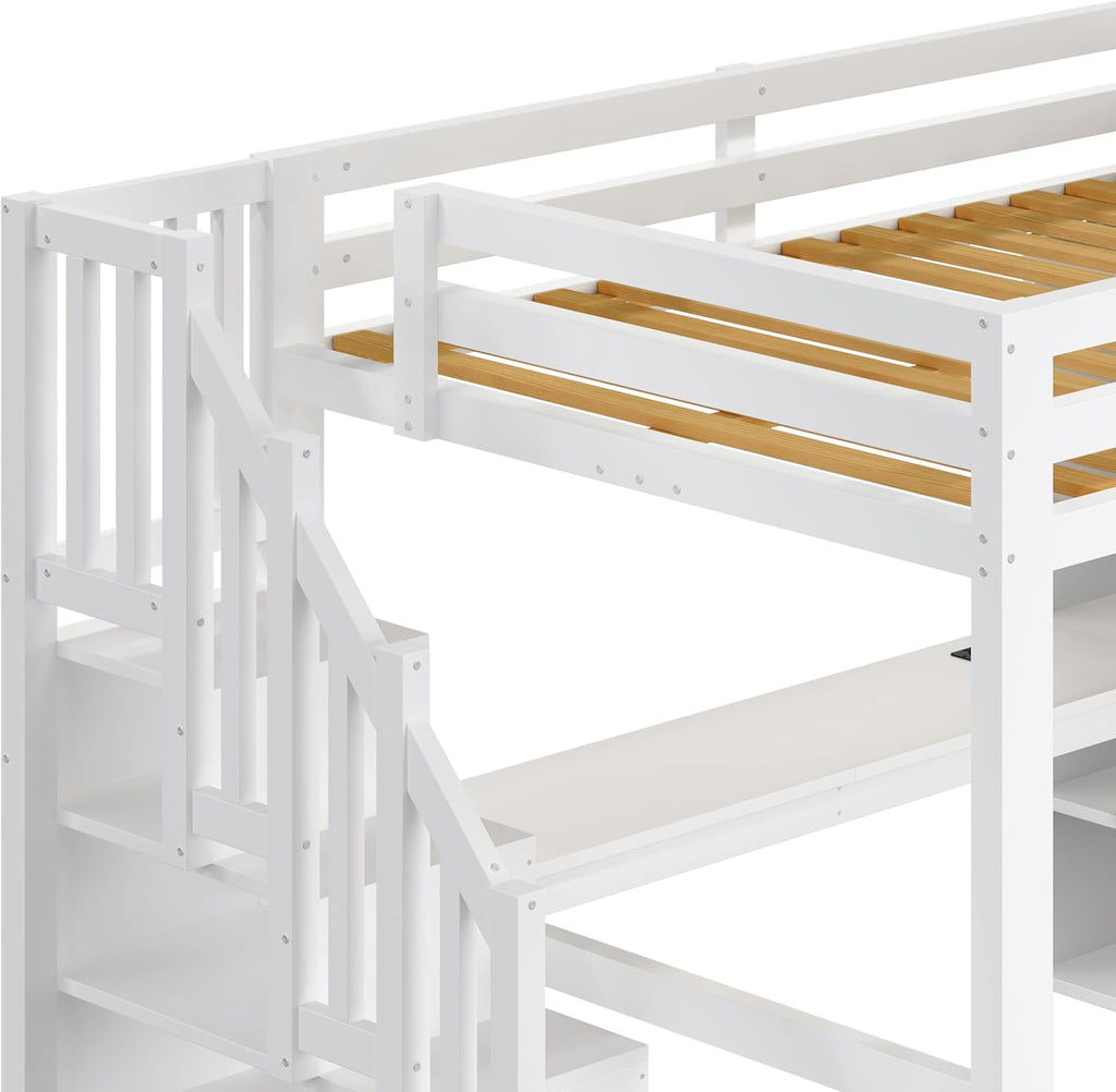 Cama alta de 140x200 con escritorio y estantería, armario, escalera con almacenaje, USB y luces LED, blanco