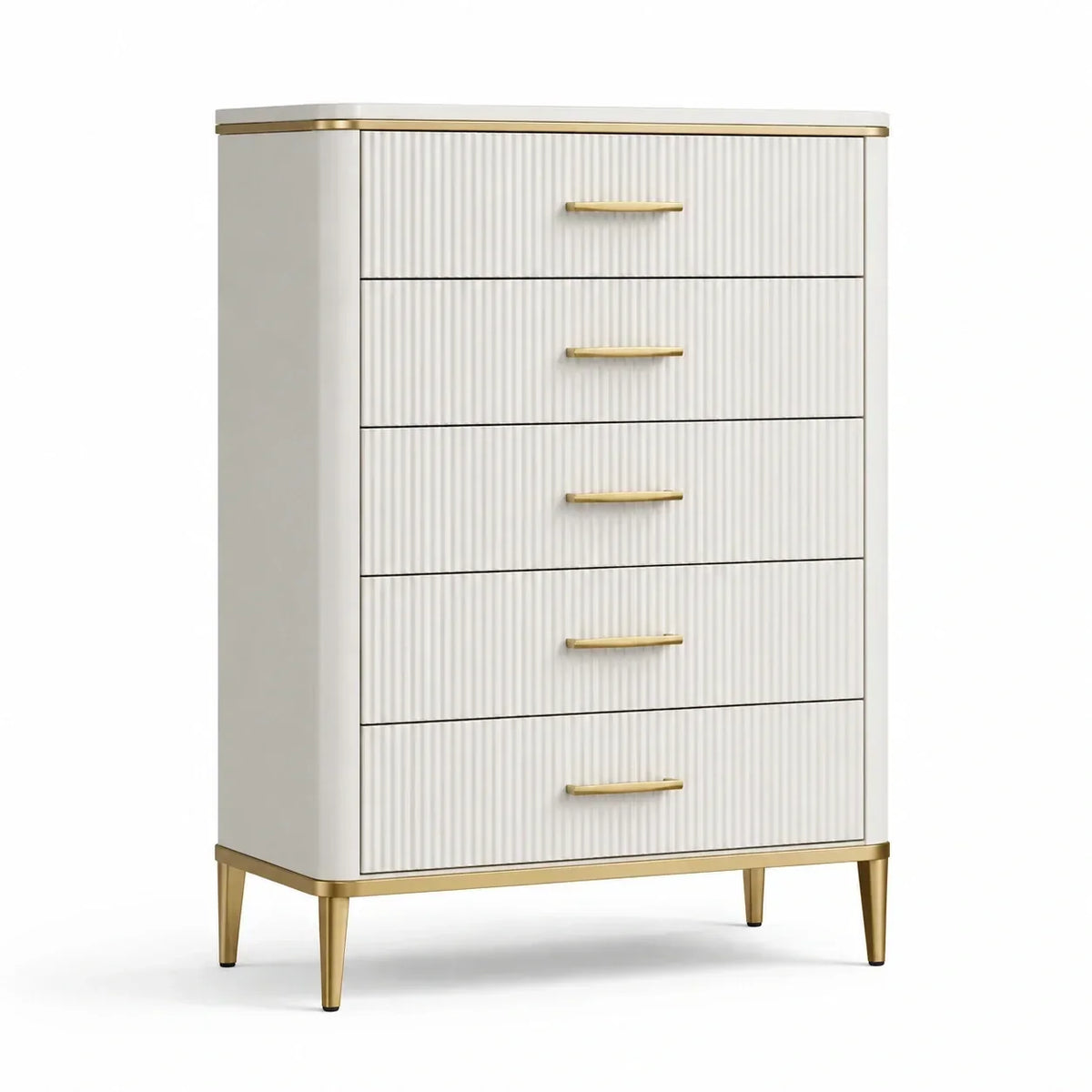Cómoda de 5 cajones de MDF y acero en blanco/dorado