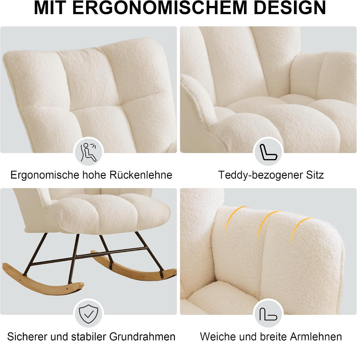 Sillón mecedora de lactancia con reposabrazos, silla de lactancia acolchada, sillón relax para salón y habitación infantil, capacidad de carga hasta 136 kg, color marfil
