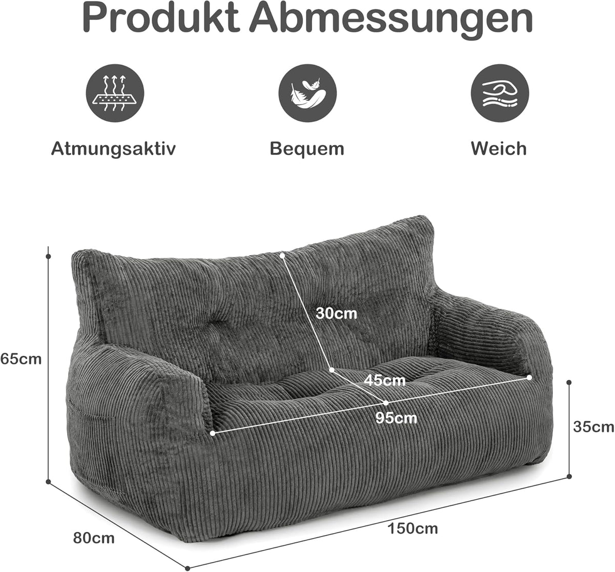 Puf Pamapic, puf para adultos con relleno, sillón doble tipo lounge con asa portátil, puf ergonómico moderno, silla tipo puf para interiores para sala de estar, dormitorio, sala de juegos, gris