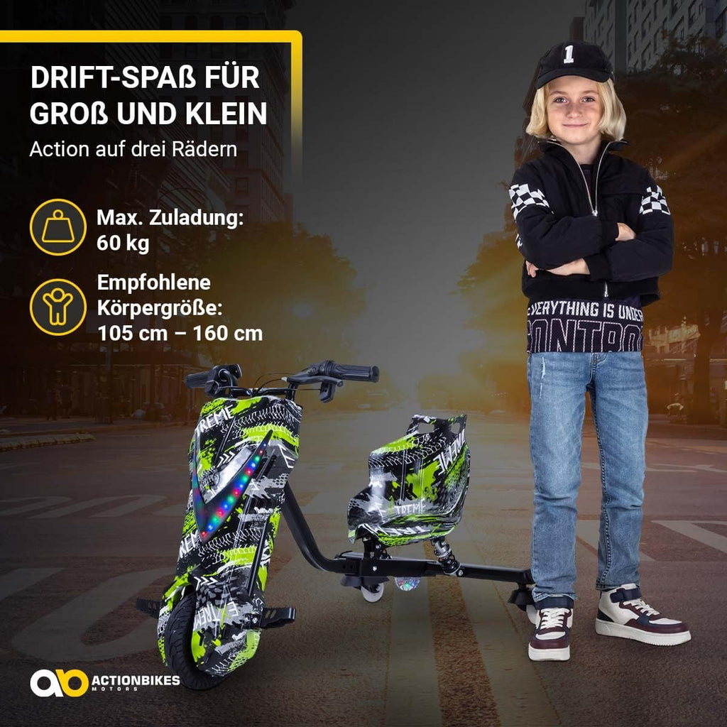Actionbikes Motors Patinete Eléctrico Infantil para Derrapes | Motor de 𝟐𝟓𝟎 W - Carrito de Derrape 360° - 3 Niveles de Velocidad - Iluminación LED - Asiento Ajustable - Bluetooth - Kart de Derrape - Coche de Derrape (Space Purple)