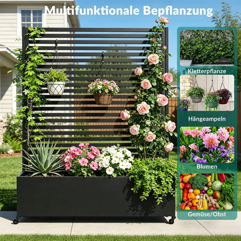 Jardinera con enrejado, macetero elevado de metal con ruedas, biombo de privacidad, 120x40x185 cm, rectangular, para jardín, balcón y terraza