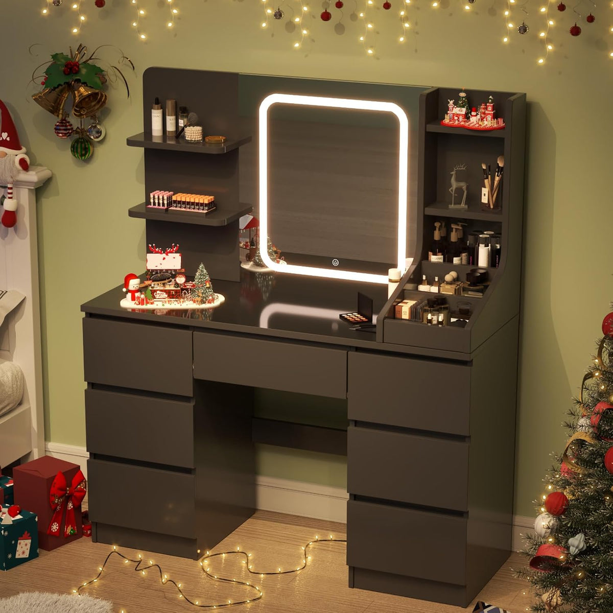 TRIUMPHKEY Tocador con iluminación LED, brillo ajustable, mesa de maquillaje con espejo, tocador moderno con 7 cajones, 4 estantes y 3 compartimentos abiertos para el dormitorio (Negro)