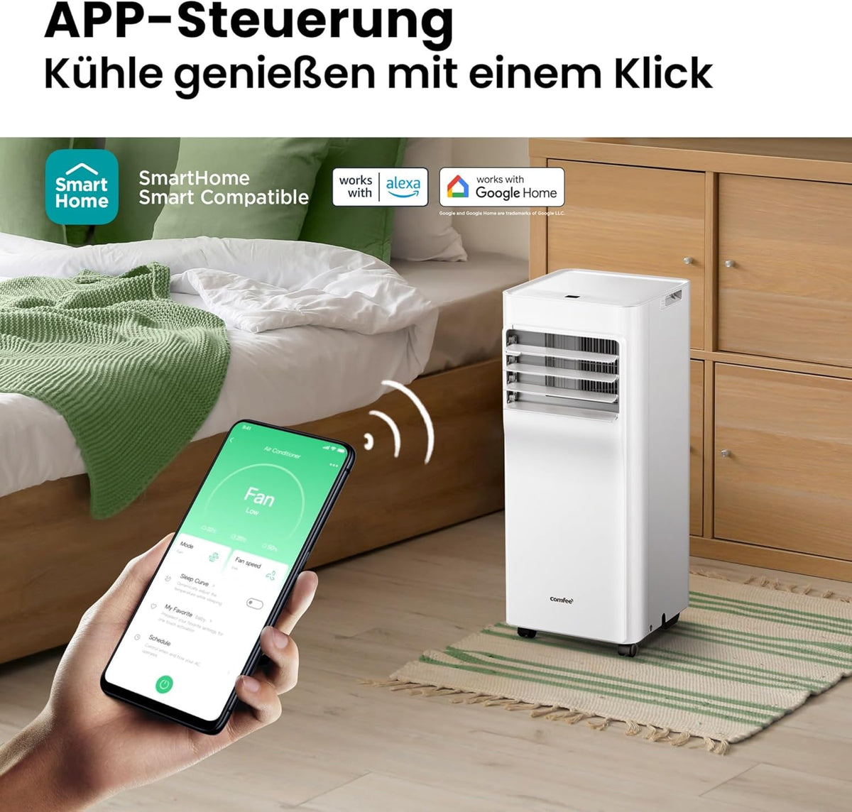 Acondicionador de aire portátil Comfee Breezy Cool Pro 2.0, 7000 BTU 2,0 kW, refrigeración, ventilación y deshumidificación, control por aplicación, para habitaciones de hasta 68 m³ (25 m²), aire acondicionado portátil con manguera de escape.